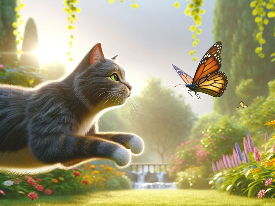 The cat is chasing a butterfly.